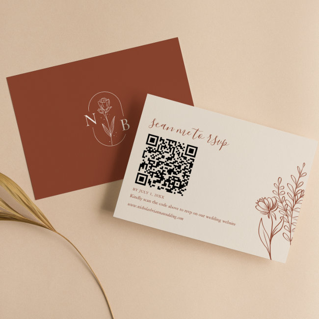 Modern Minimalist Terracotta Boho Wedding Qr Code Rsvp Invitations