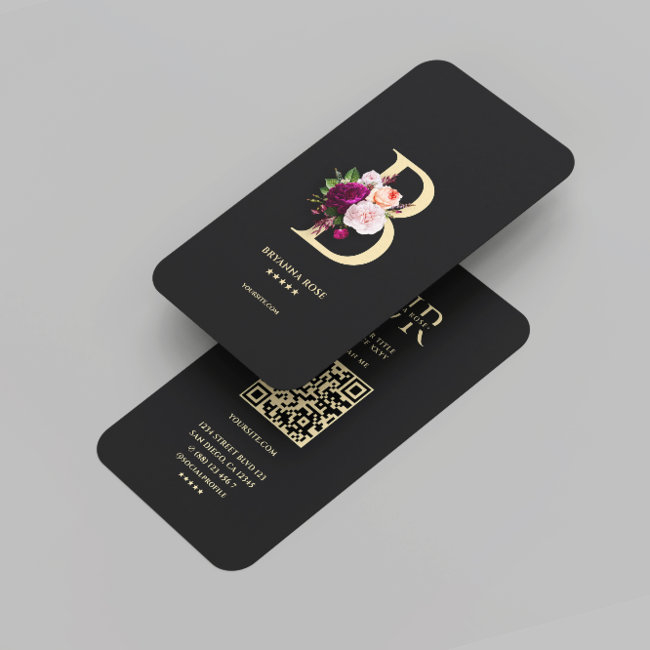 Modern Monogram B Aesthetic Floral Black Gold Business Invitations