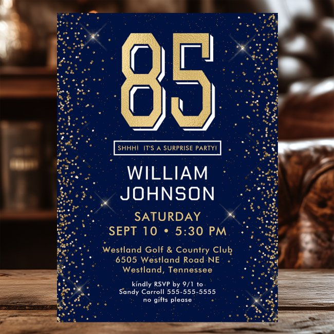 Modern Navy Blue 85th Birthday Surprise Party Invitation