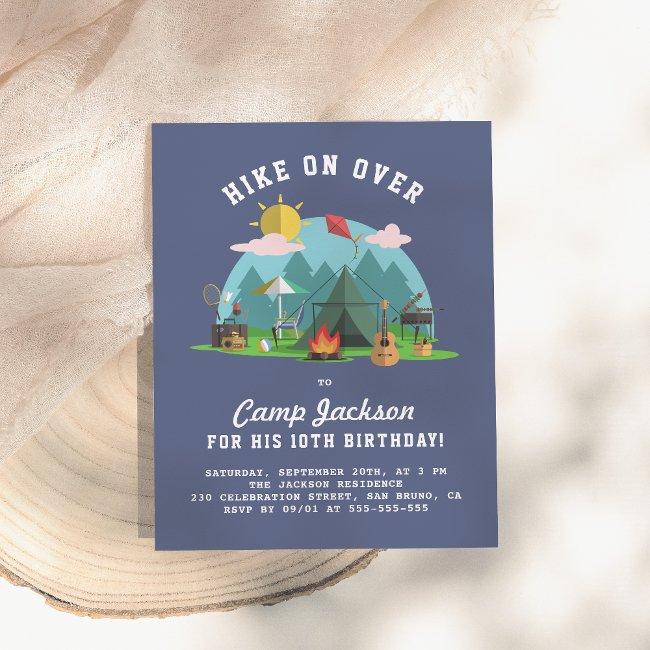 Modern Navy Blue Camping Birthday Party Invitation Postinvitations