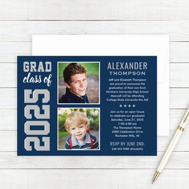 Modern Navy Gray Two Photos Graduation Party Invitation