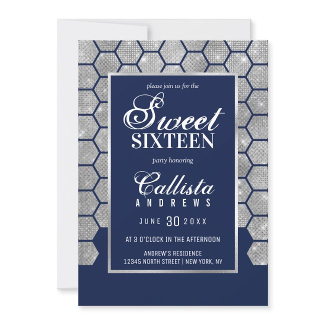 Modern Navy Silver Glitter Hexagon Geo Sweet 16 Invitation
