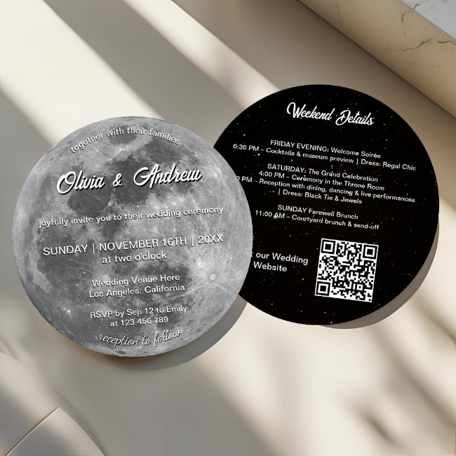 Modern Night Sky Qr Code Full Moon Wedding Invitation