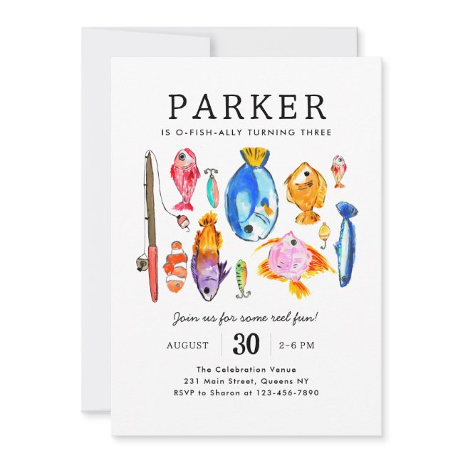 Modern O-fish-al Reel Fun Fish Fishing Birthday Invitation