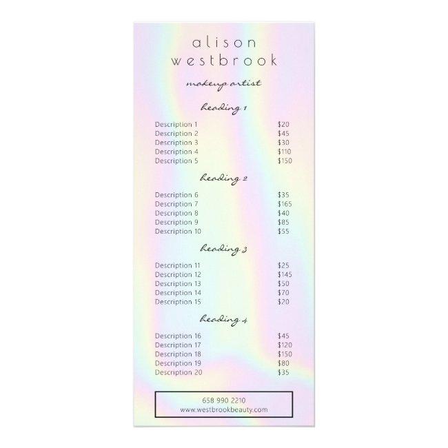 Modern Pastel Holographic Glam Salon Service Menu