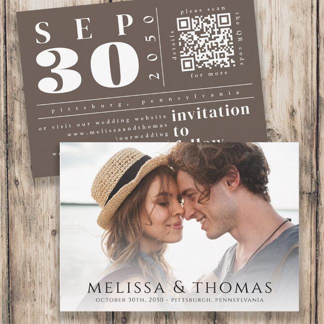 Modern Photo Save The Date Qr Code Simple Brown