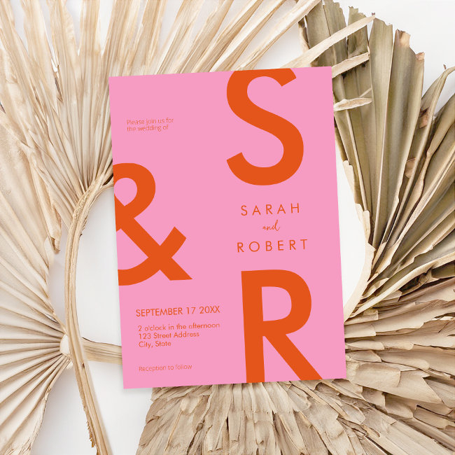 Modern Pink And Orange Monogram Wedding Invitation