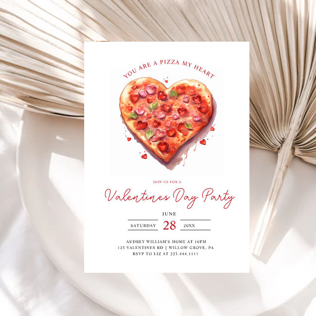 Modern Pink Heart Pizza Valentines Party Invitation