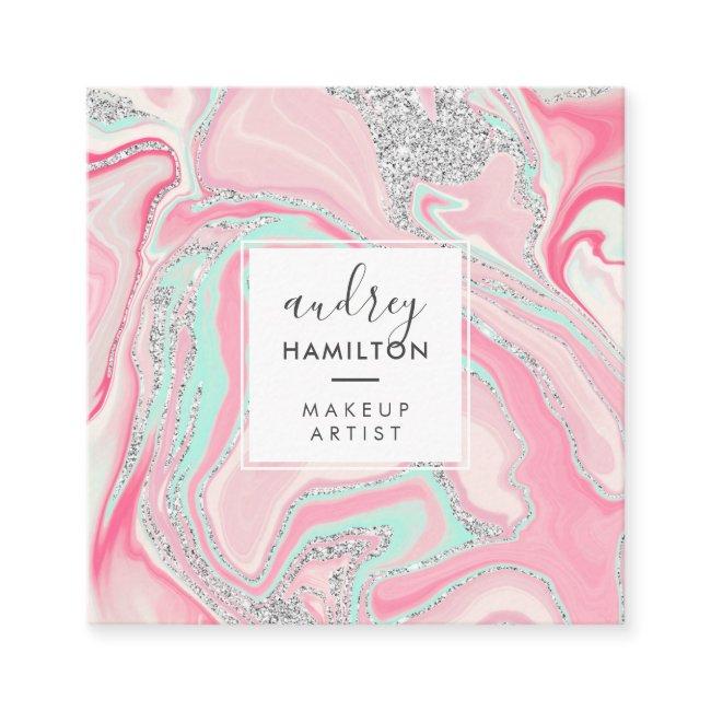 Modern Pink Marble Silver Elegant Makeup Artist Square Business Invitations
