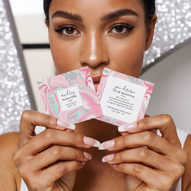 Modern Pink Marble Silver Elegant Makeup Artist Square Business Invitations