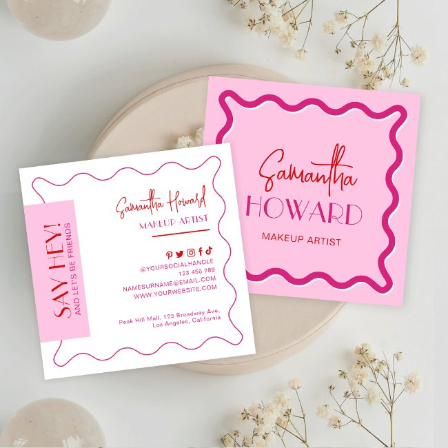 Modern Pink & Red Retro Style Makeup Artist Beauty Square Business Invitations