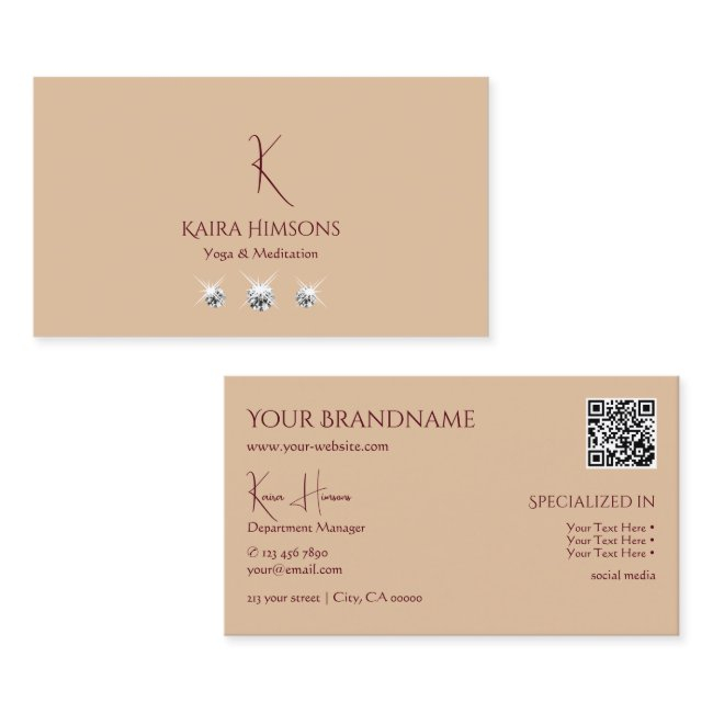 Modern Plain Beige With Monogram Qrcode And Jewels Business Invitations