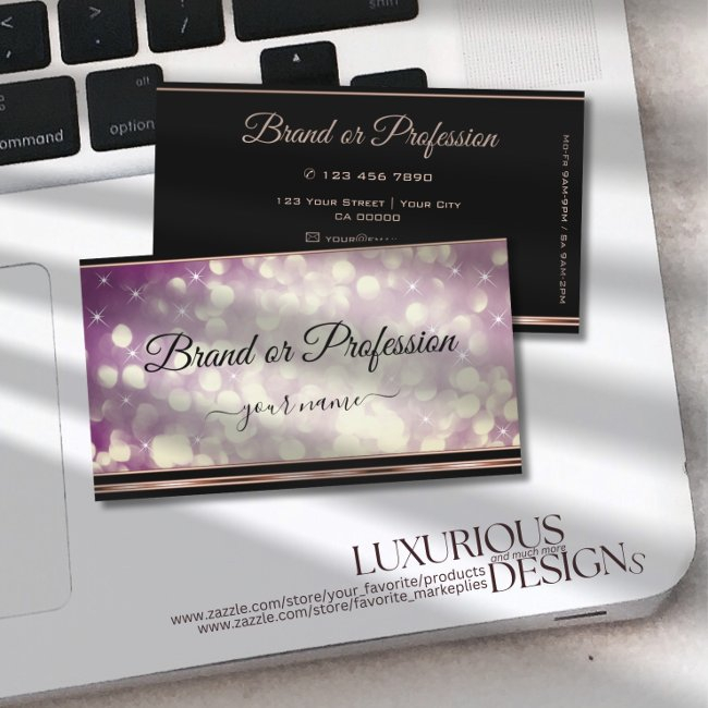 Modern Purple Large Glitter Black Rose Gold Border Business Invitations