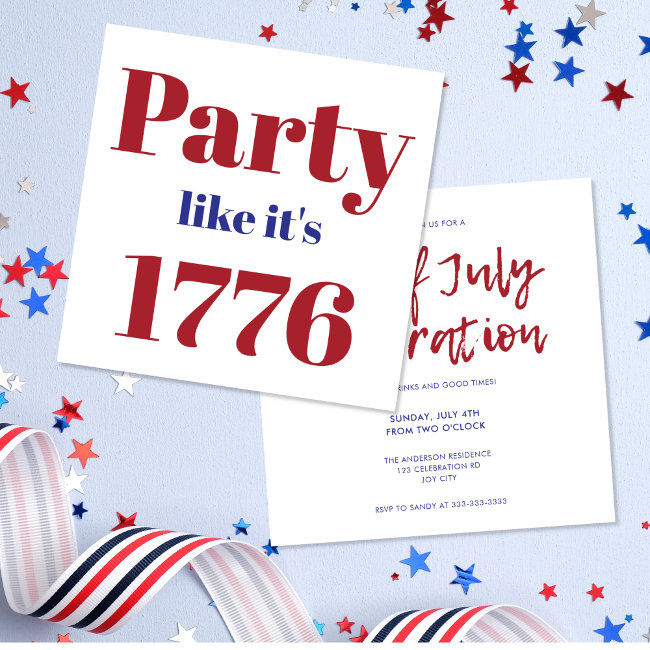 Modern Red Blue Party Like It's 1776 4th Of July Invitation