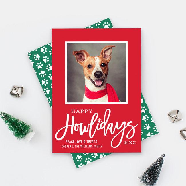 Modern Red Green Happy Howlidays Puppy Dog Photo Holiday Invitations