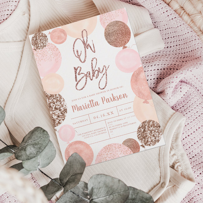 Modern Rose Gold Glitter Pink Balloons Baby Shower Invitation