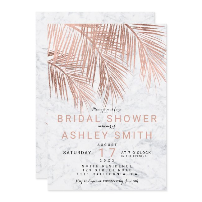 Modern Rose Gold Palm Tree Marble Bridal Shower Invitation