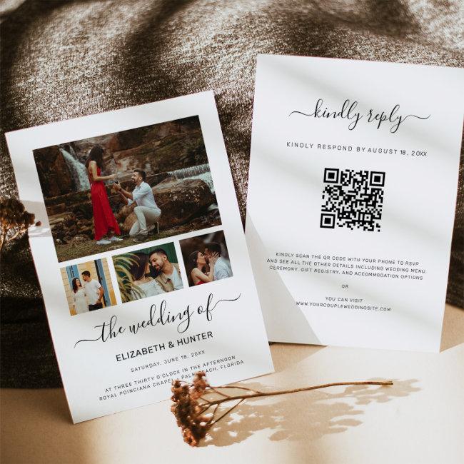 Modern Script 4 Photo Collage Qr Code Rsvp Wedding Invitation