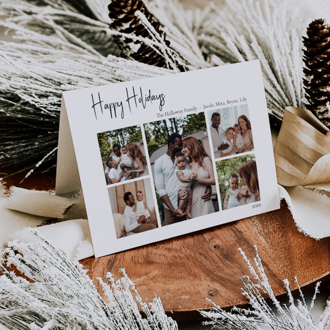 Modern Script Happy Holidays Folded Five-photo Holiday Invitations