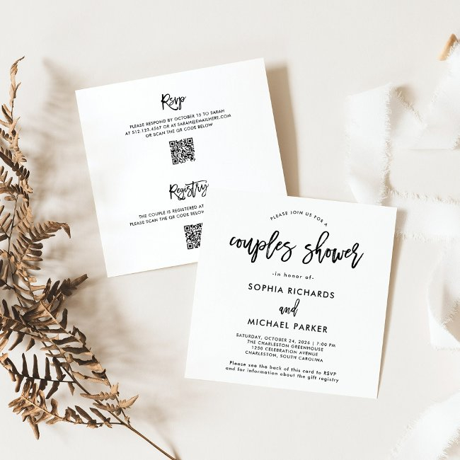 Modern Script Qr Code Rsvp Registry Couples Shower Invitation