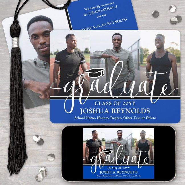 Modern Script Royal Blue White 4 Photo Graduation Announcement