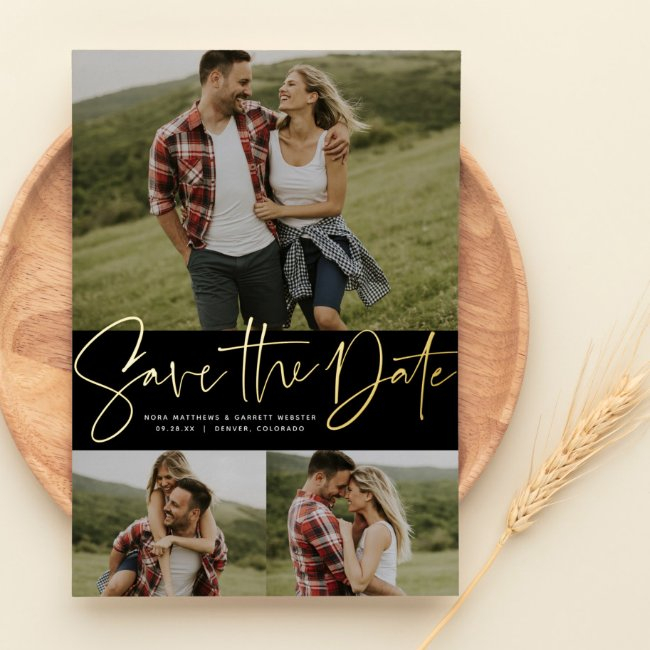 Modern Script Trendy Three Photo Save The Date Foil Invitation