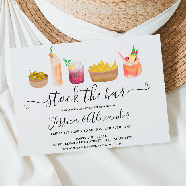 Modern Snacks Cocktails Watercolor Couples Shower Invitation