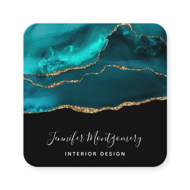 Modern Stylish Teal Agate & Gold Ribbon On Black Square Business Invitations