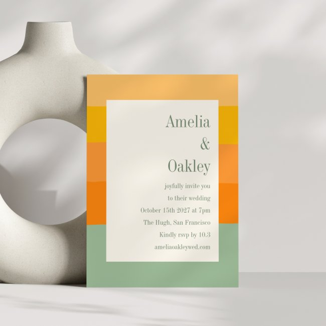 Modern Summer Orange Sage Green Stripe Wedding Invitation