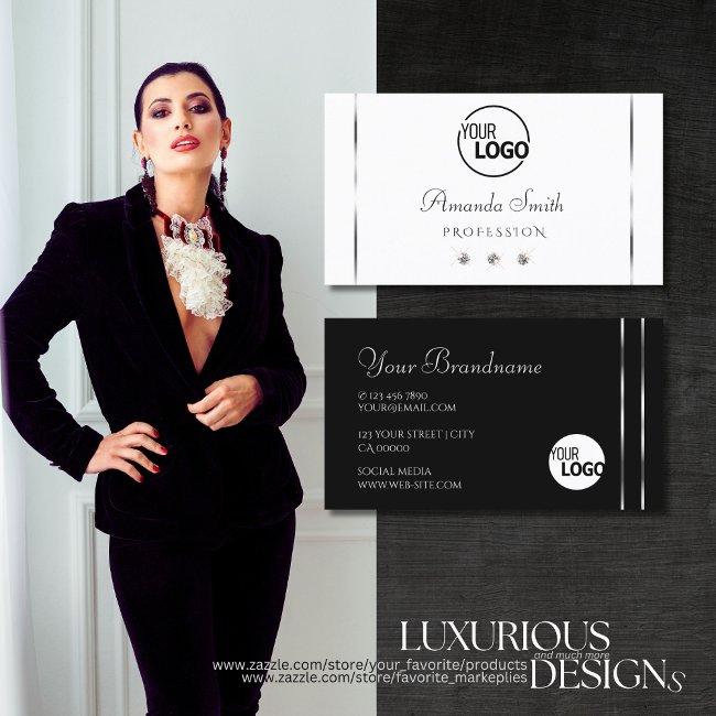 Modern White And Black Shimmery Diamonds Add Logo Business Invitations