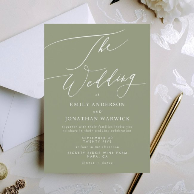 Modern White And Sage Green Simple Wedding Invitation