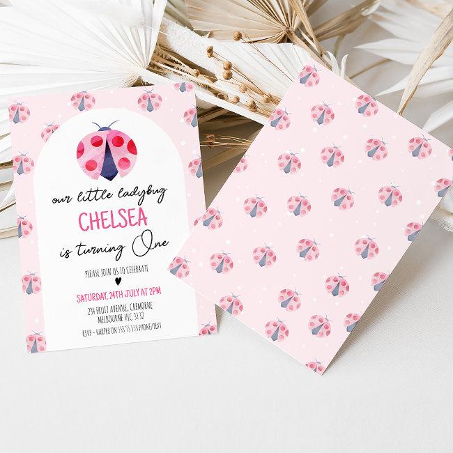 Modern White Arch Pink Ladybug 1st Birthday Invitation