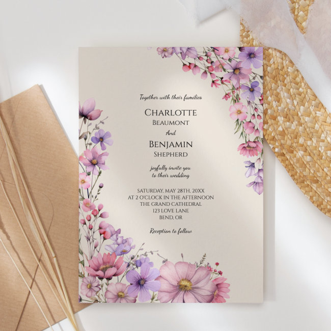 Modern Wildflower Beige Wedding Invitation