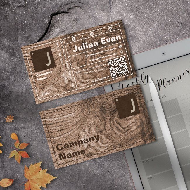 Modern Wood Grain Bold Typography Monogram Qr Code Business Invitations
