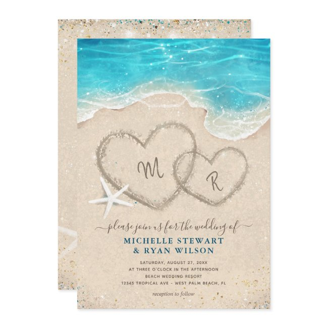 Monogram Hearts In The Sand Beach Wedding Invitation