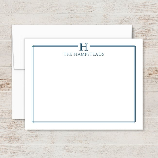 Monogram Navy Blue Elegant Family Stationery Note Invitations
