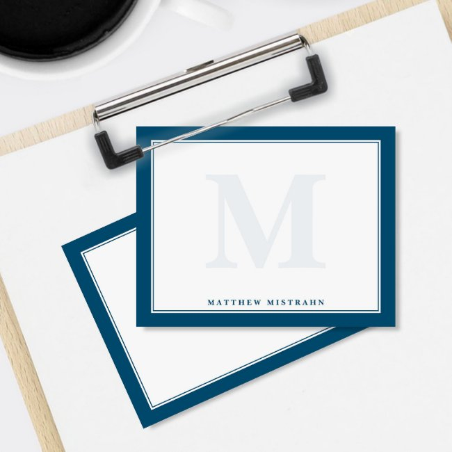 Monogram Navy Blue Masculine Men's Stationery Note Invitations