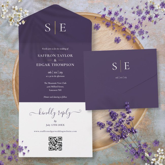 Monogram Qr Code Purple And Gold Wedding All In One Invitation