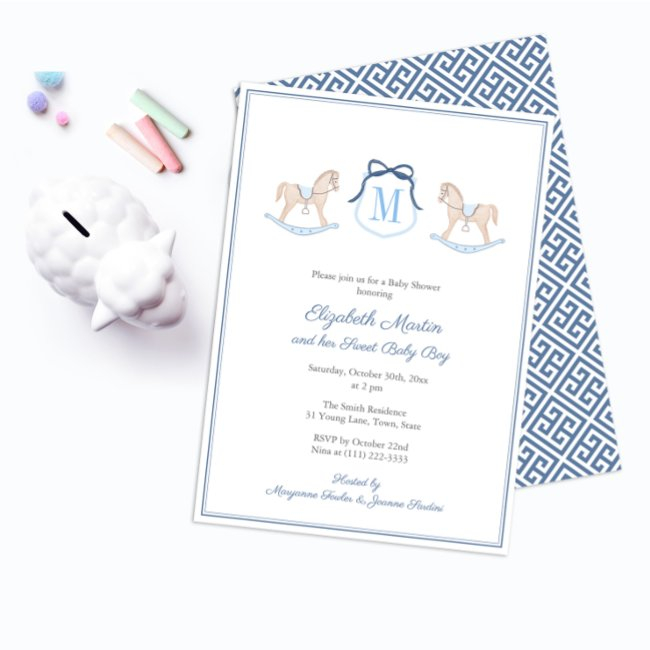 Monogram Rocking Horse Baby Shower For Boy Party Invitation