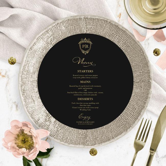 Monogram Round Wedding Menu Invitations Black And Gold