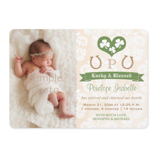 Monogram Shamrock & Horseshoe Birth Announcement