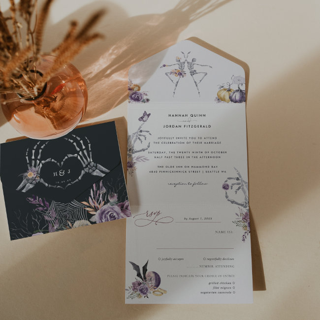 Monogram | Skeleton Floral Halloween Wedding All In One Invitation