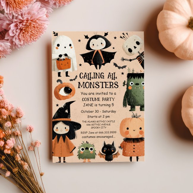Monster Mash Watercolor Halloween Birthday Party Invitation