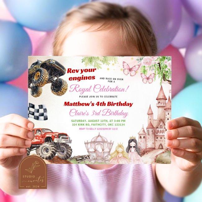 Monster Trucks And Princesses Joint Birthday Invitation