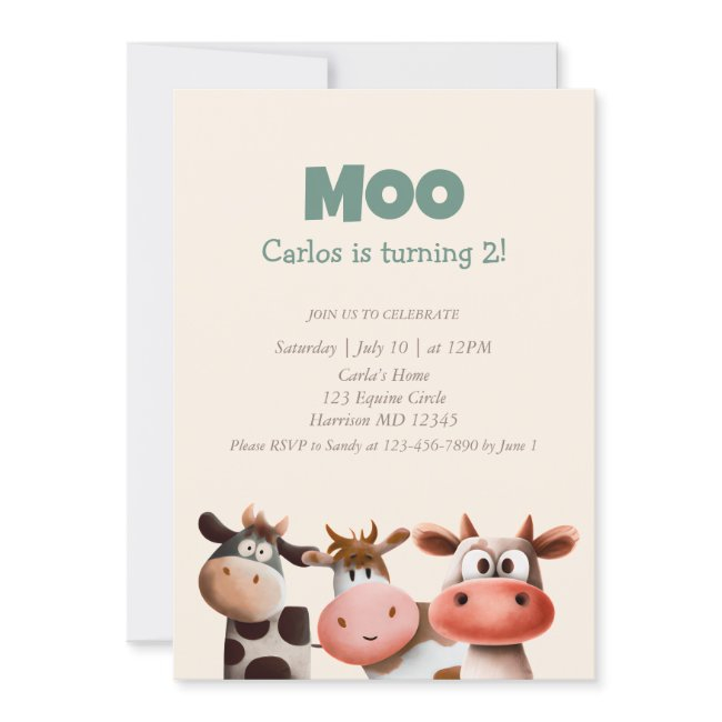 Moo I’m Turning Two Cute Cow Second Birthday Invitation