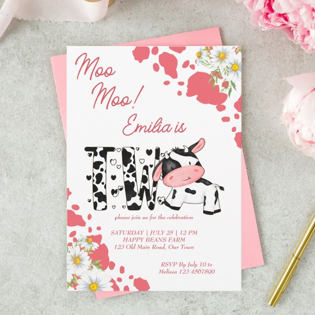 Moo Moo Pink Pattern Cute Cow Birthday Party Invitation