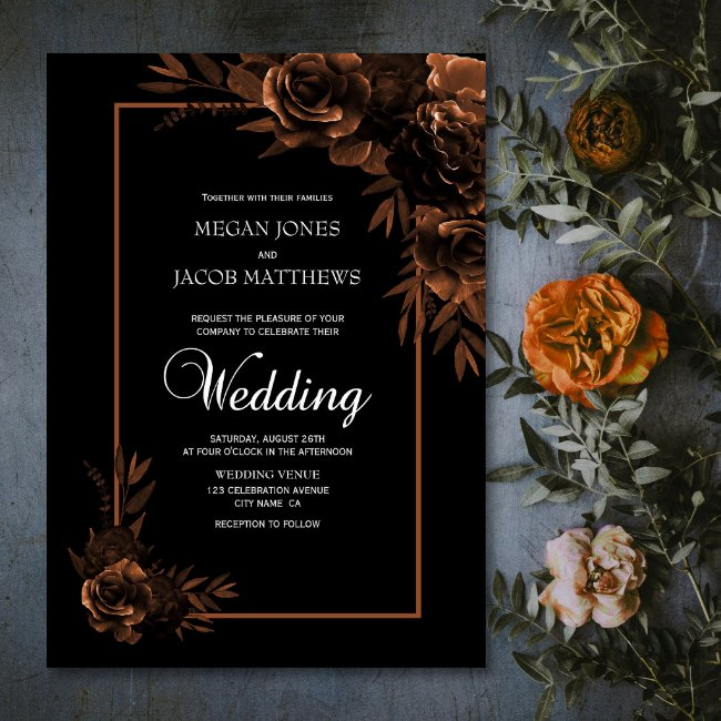 Moody Black And Sepia Floral Wedding Invitation