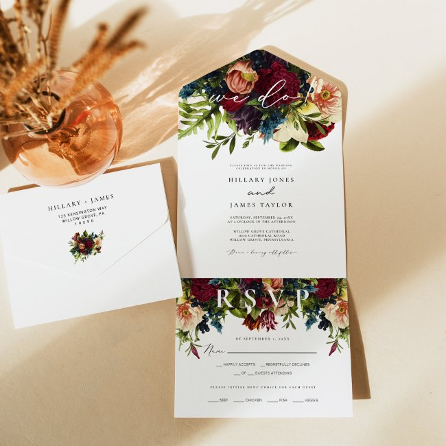 Moody Floral Burgundy Calligraphy Wedding All In One Invitation