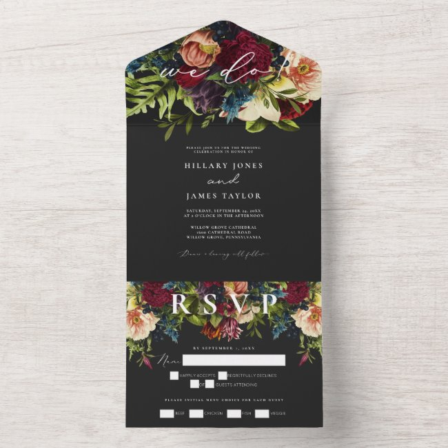 Moody Floral Burgundy Calligraphy Wedding All In One Invitation