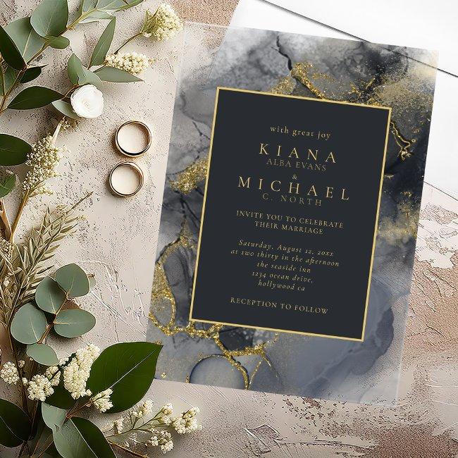 Moody Ink Charcoal Gold Abstract Id988 Acrylic Invitations